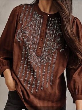 Pure Jill Elements Embroidered Brown Boho Gauzy Tunic Blouse Beaded Accents